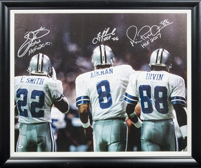 Troy Aikman,Emmitt Smith and Michael Irvin Signed Dallas Cowboys Framed Canvas Piece (PSA/DNA)
